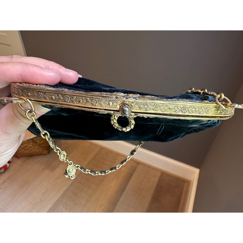 Antique Victorian 1890s Velvet Bag Vermeil Sterling Ornate Cherub Frame Purse - Picture 10 of 14
